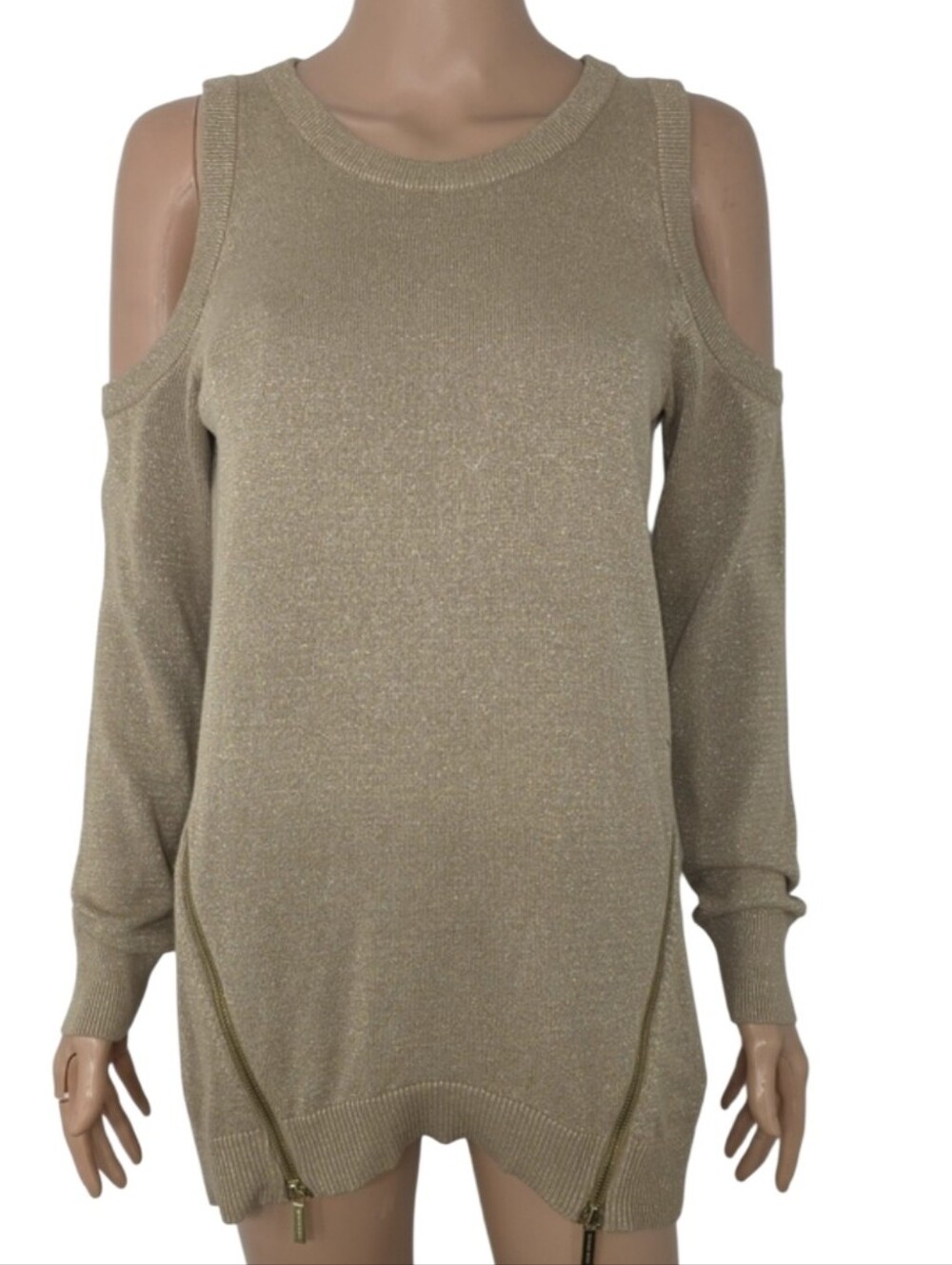 Michael Kors Shimmery Cold-Shoulder Crewneck Sweater in Gold Size M